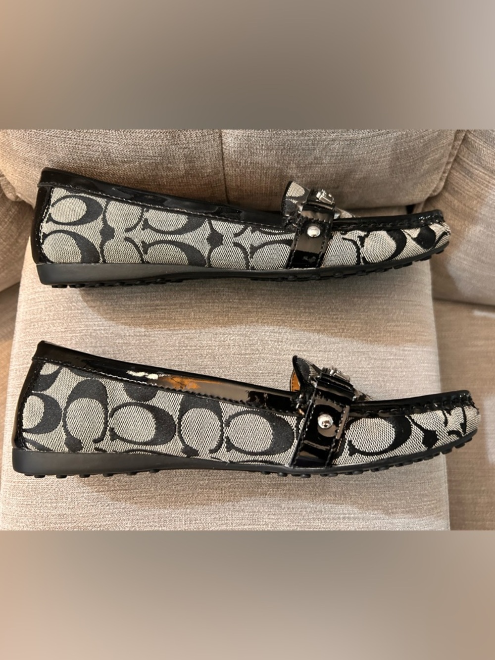 Coach Black & Ivory Signature Canvas Loafers with Silver Hardware - Picture 2 of 9
